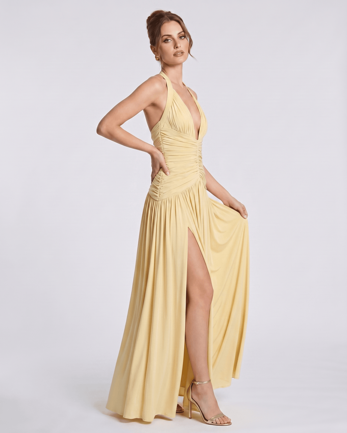 Veloura Maxi Dress by Lauven — stretch blend sleeveless deep V-neck ruched maxi dress