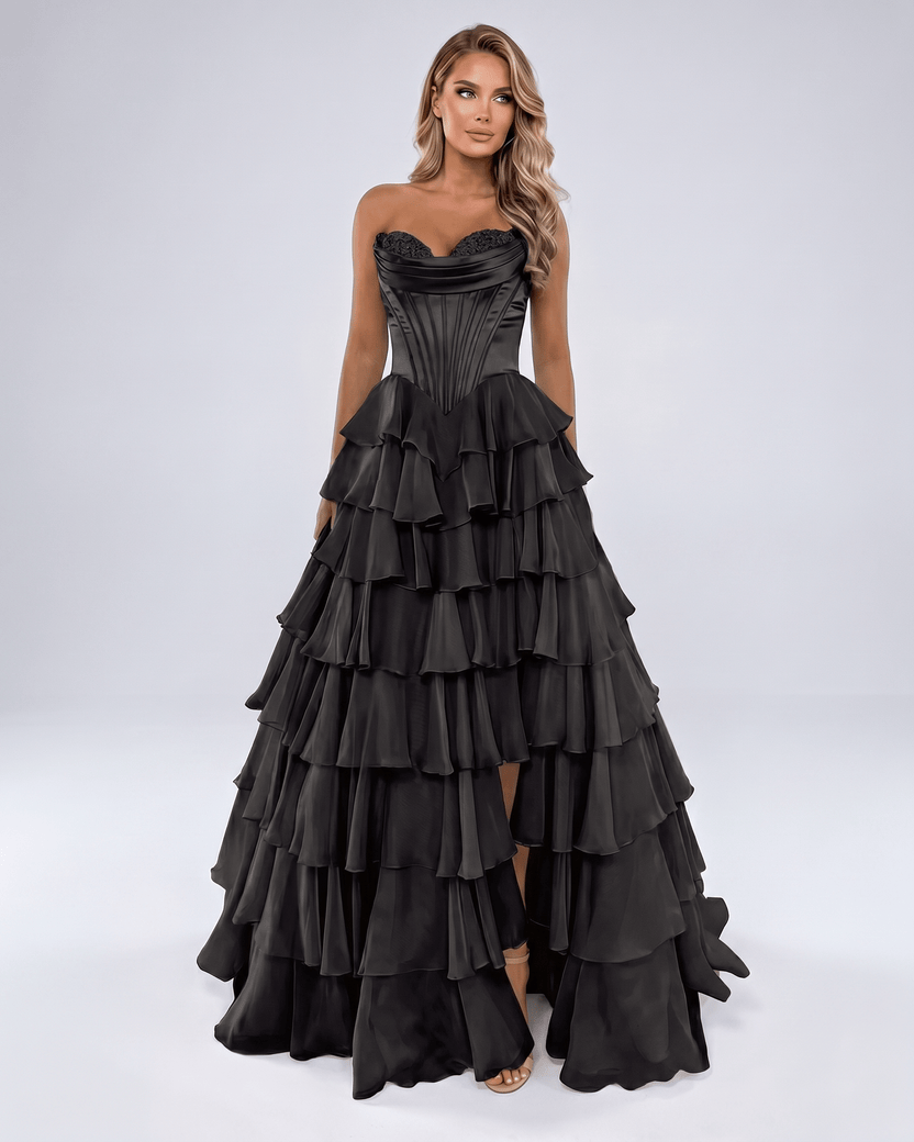 Seraphine Maxi Dress by Lauven — black satin chiffon sleeveless sweetheart tiered A-line maxi dress
