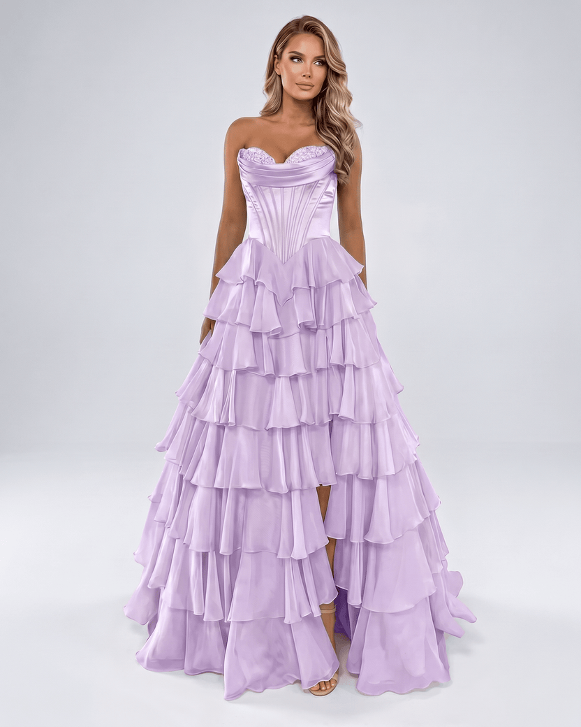 Seraphine Maxi Dress by Lauven — lilac satin chiffon sleeveless sweetheart tiered A-line maxi dress