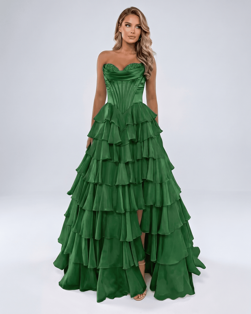 Seraphine Maxi Dress by Lauven — green satin chiffon sleeveless sweetheart tiered A-line maxi dress