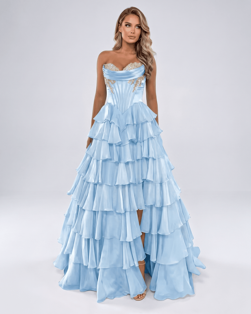 Seraphine Maxi Dress by Lauven — light blue satin chiffon sleeveless sweetheart tiered A-line maxi dress