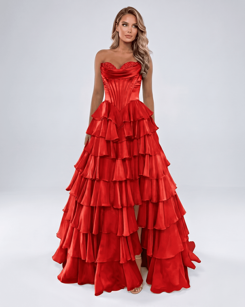 Seraphine Maxi Dress by Lauven — red satin chiffon sleeveless sweetheart tiered A-line maxi dress