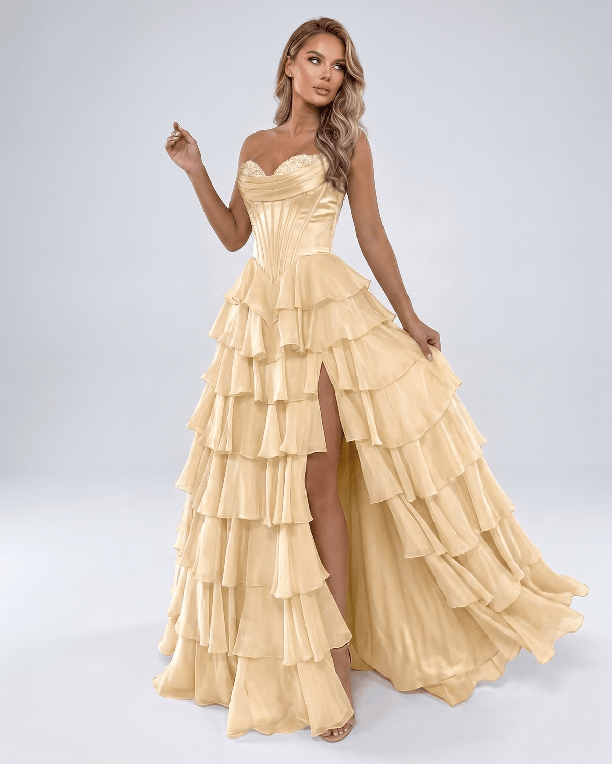 Seraphine Maxi Dress by Lauven — satin chiffon sleeveless sweetheart tiered A-line maxi dress