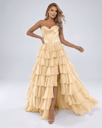 Seraphine Maxi Dress by Lauven — satin chiffon sleeveless sweetheart tiered A-line maxi dress