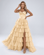 Seraphine Maxi Dress by Lauven — satin chiffon sleeveless sweetheart tiered A-line maxi dress