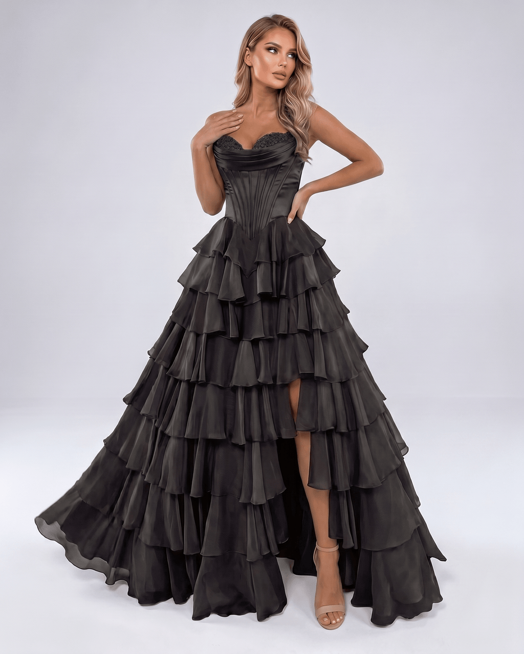 Seraphine Maxi Dress by Lauven — satin chiffon sleeveless sweetheart tiered A-line maxi dress
