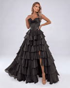 Seraphine Maxi Dress by Lauven — satin chiffon sleeveless sweetheart tiered A-line maxi dress
