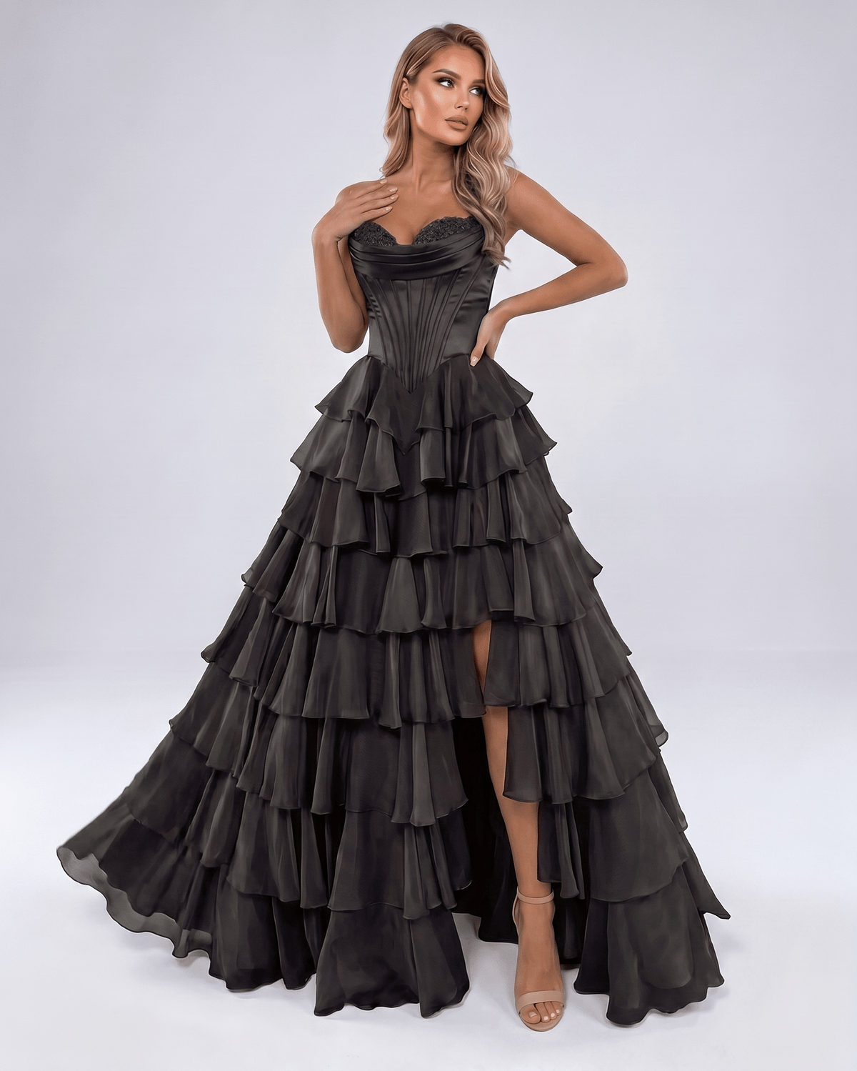 Seraphine Maxi Dress by Lauven — satin chiffon sleeveless sweetheart tiered A-line maxi dress