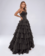 Seraphine Maxi Dress by Lauven — satin chiffon sleeveless sweetheart tiered A-line maxi dress