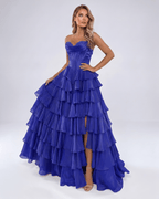 Seraphine Maxi Dress by Lauven — satin chiffon sleeveless sweetheart tiered A-line maxi dress