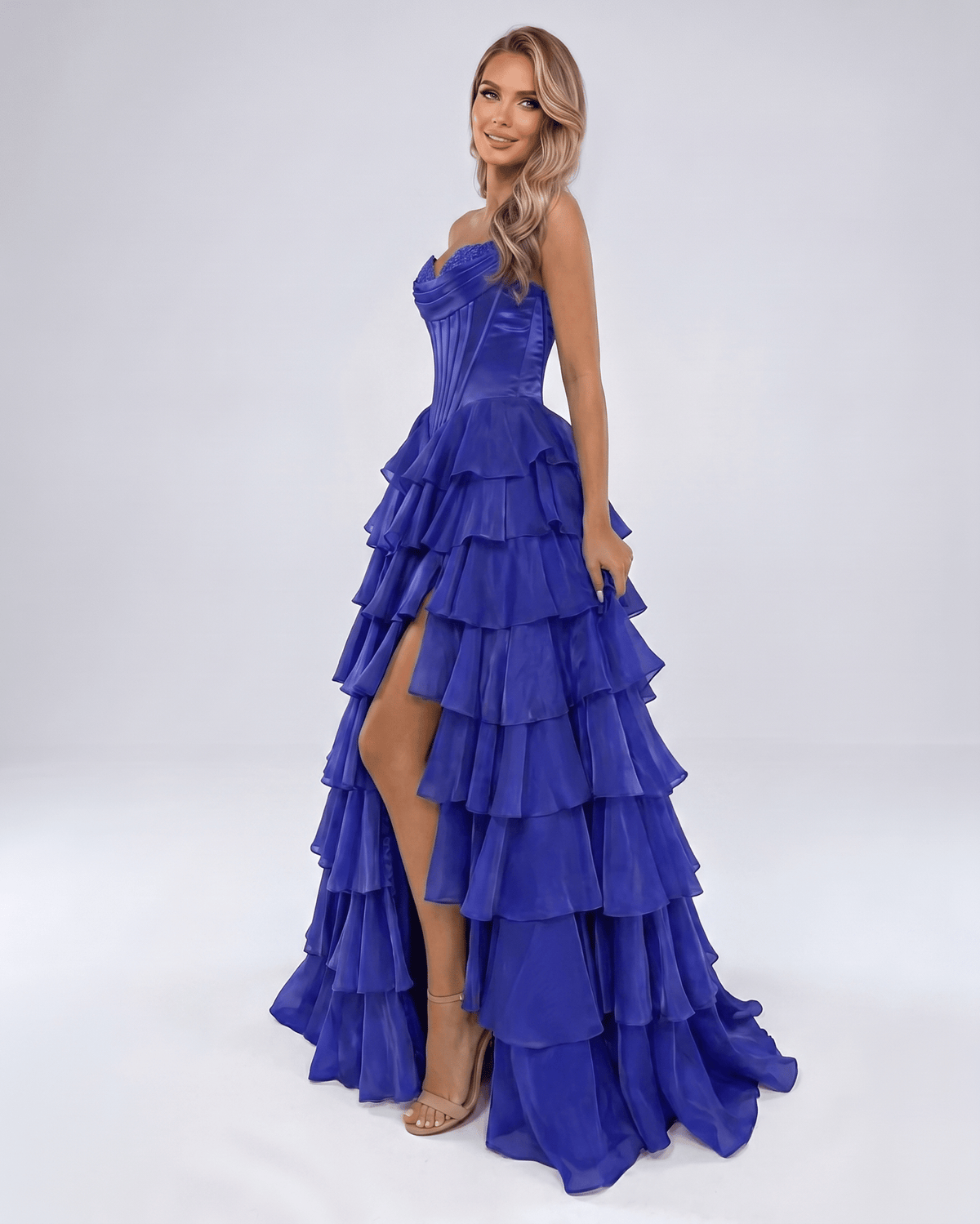 Seraphine Maxi Dress by Lauven — satin chiffon sleeveless sweetheart tiered A-line maxi dress