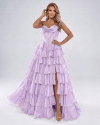 Seraphine Maxi Dress by Lauven — satin chiffon sleeveless sweetheart tiered A-line maxi dress
