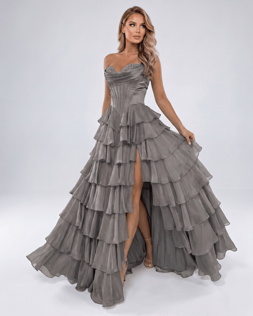 Seraphine Maxi Dress by Lauven — satin chiffon sleeveless sweetheart tiered A-line maxi dress