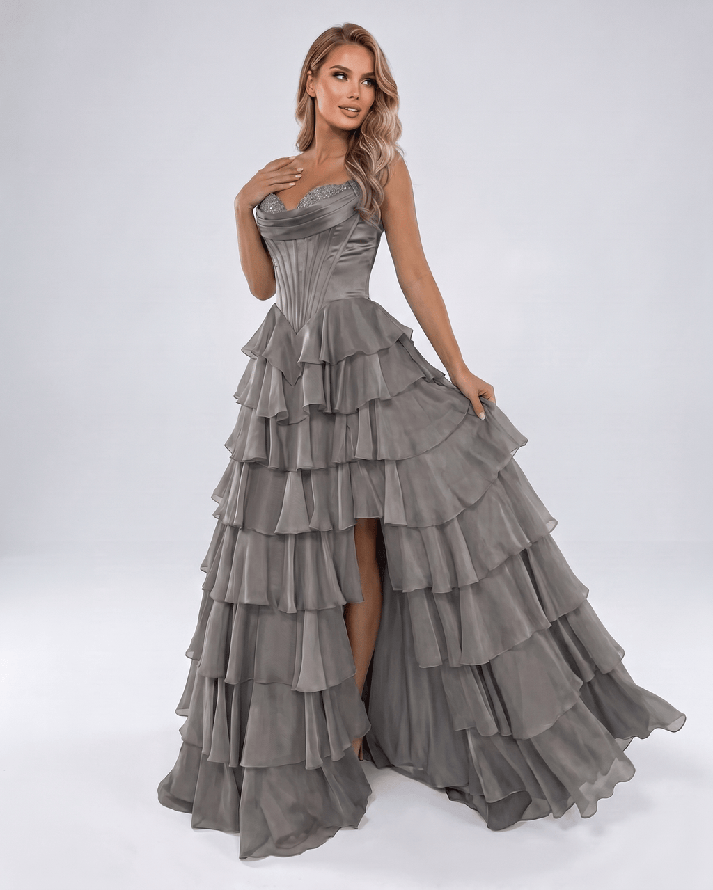 Seraphine Maxi Dress by Lauven — satin chiffon sleeveless sweetheart tiered A-line maxi dress