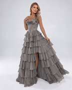 Seraphine Maxi Dress by Lauven — satin chiffon sleeveless sweetheart tiered A-line maxi dress