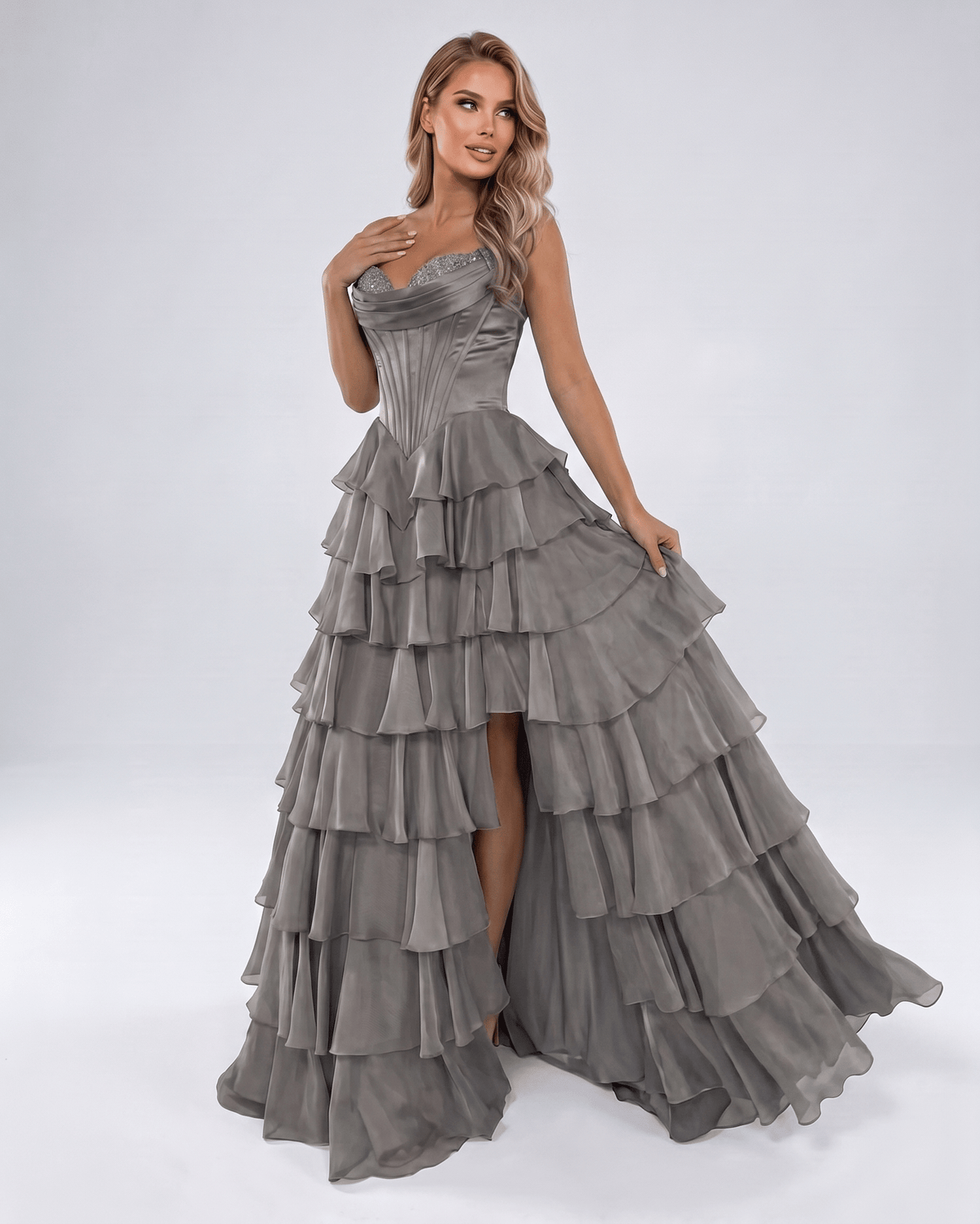 Seraphine Maxi Dress by Lauven — satin chiffon sleeveless sweetheart tiered A-line maxi dress