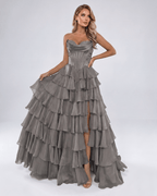 Seraphine Maxi Dress by Lauven — satin chiffon sleeveless sweetheart tiered A-line maxi dress