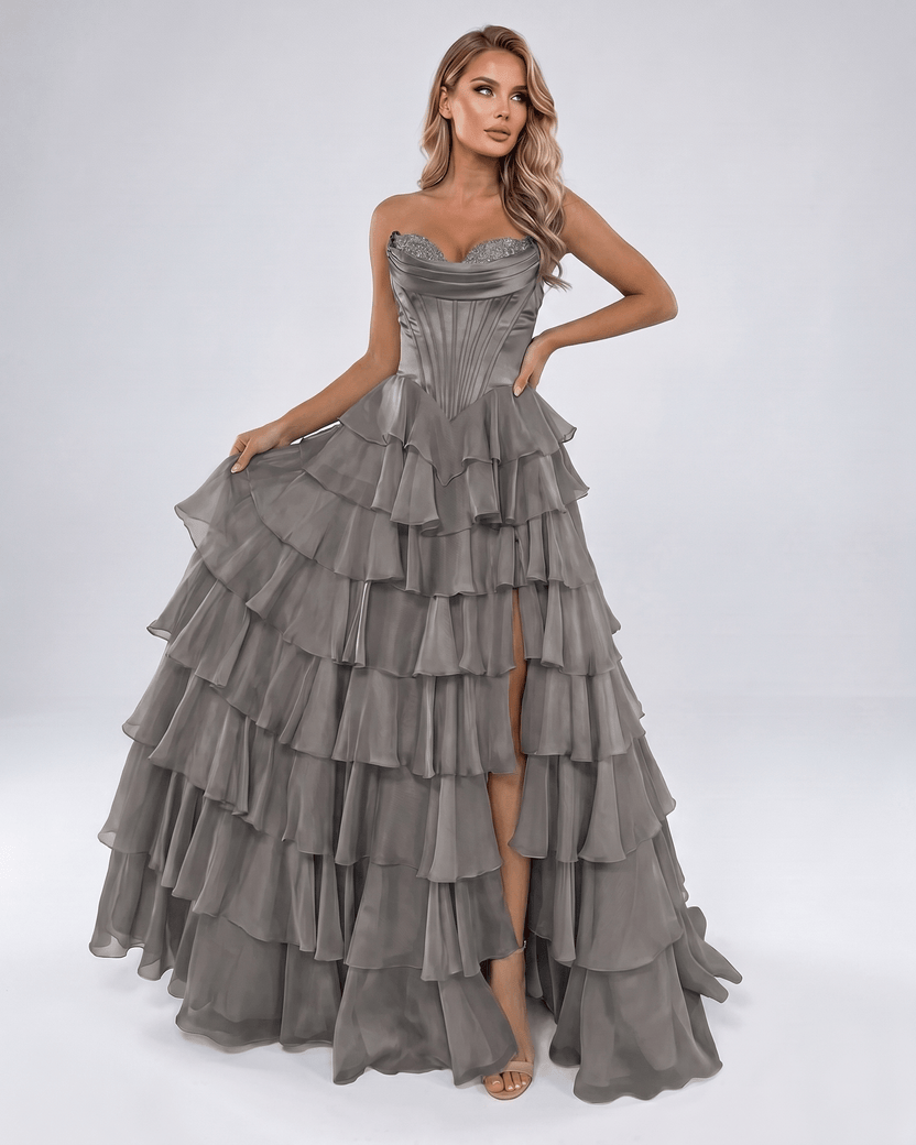 Seraphine Maxi Dress by Lauven — satin chiffon sleeveless sweetheart tiered A-line maxi dress