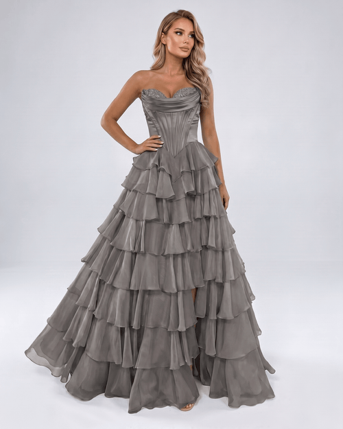 Seraphine Maxi Dress by Lauven — satin chiffon sleeveless sweetheart tiered A-line maxi dress