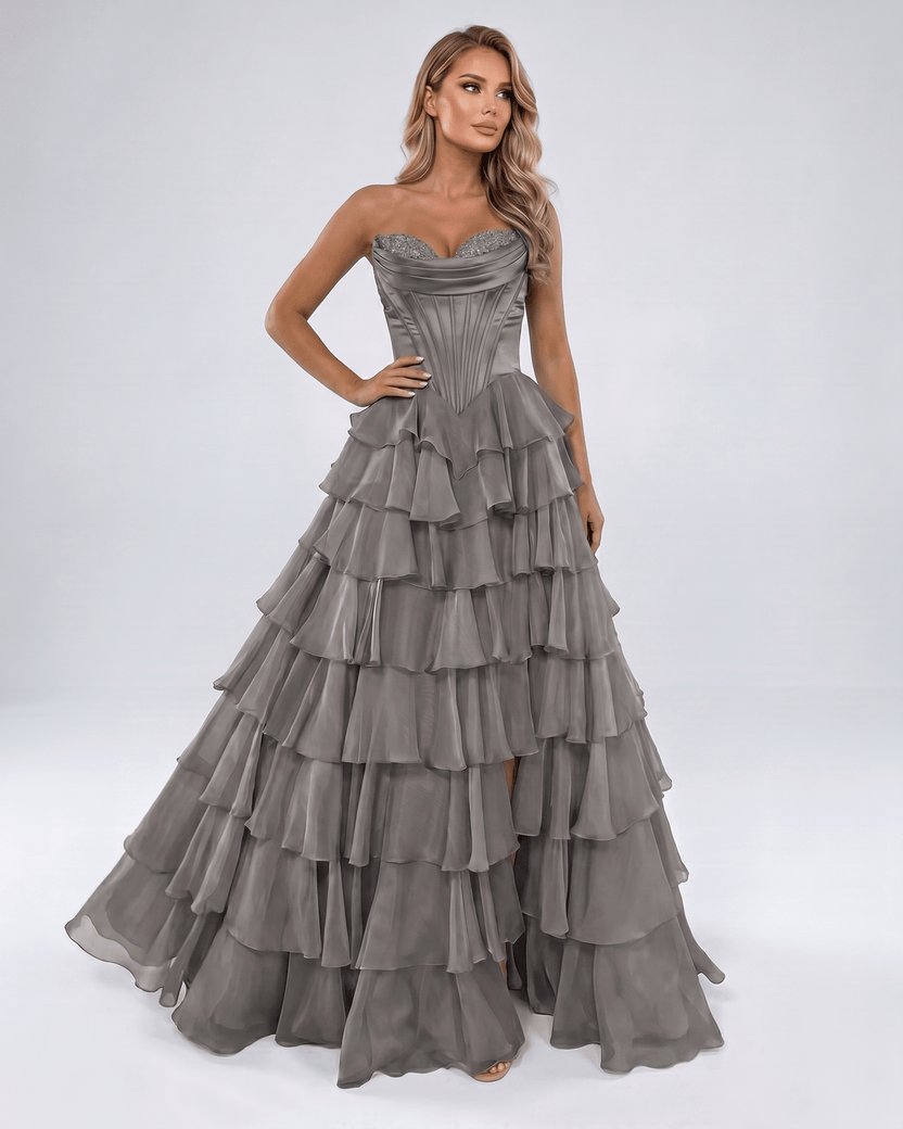 Seraphine Maxi Dress by Lauven — satin chiffon sleeveless sweetheart tiered A-line maxi dress