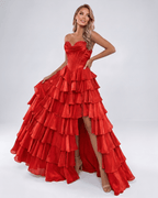 Seraphine Maxi Dress by Lauven — satin chiffon sleeveless sweetheart tiered A-line maxi dress