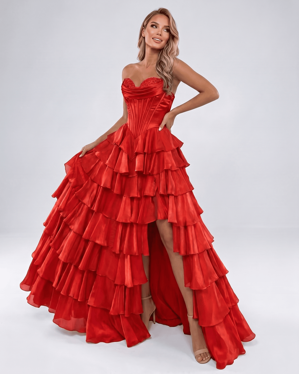 Seraphine Maxi Dress by Lauven — satin chiffon sleeveless sweetheart tiered A-line maxi dress