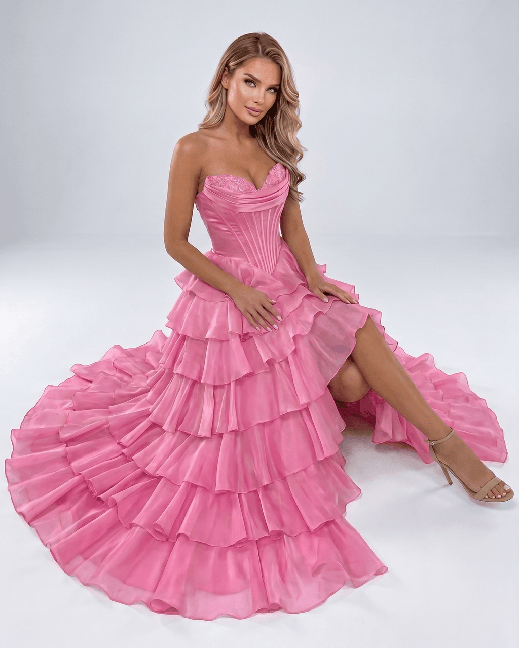 Seraphine Maxi Dress by Lauven — satin chiffon sleeveless sweetheart tiered A-line maxi dress