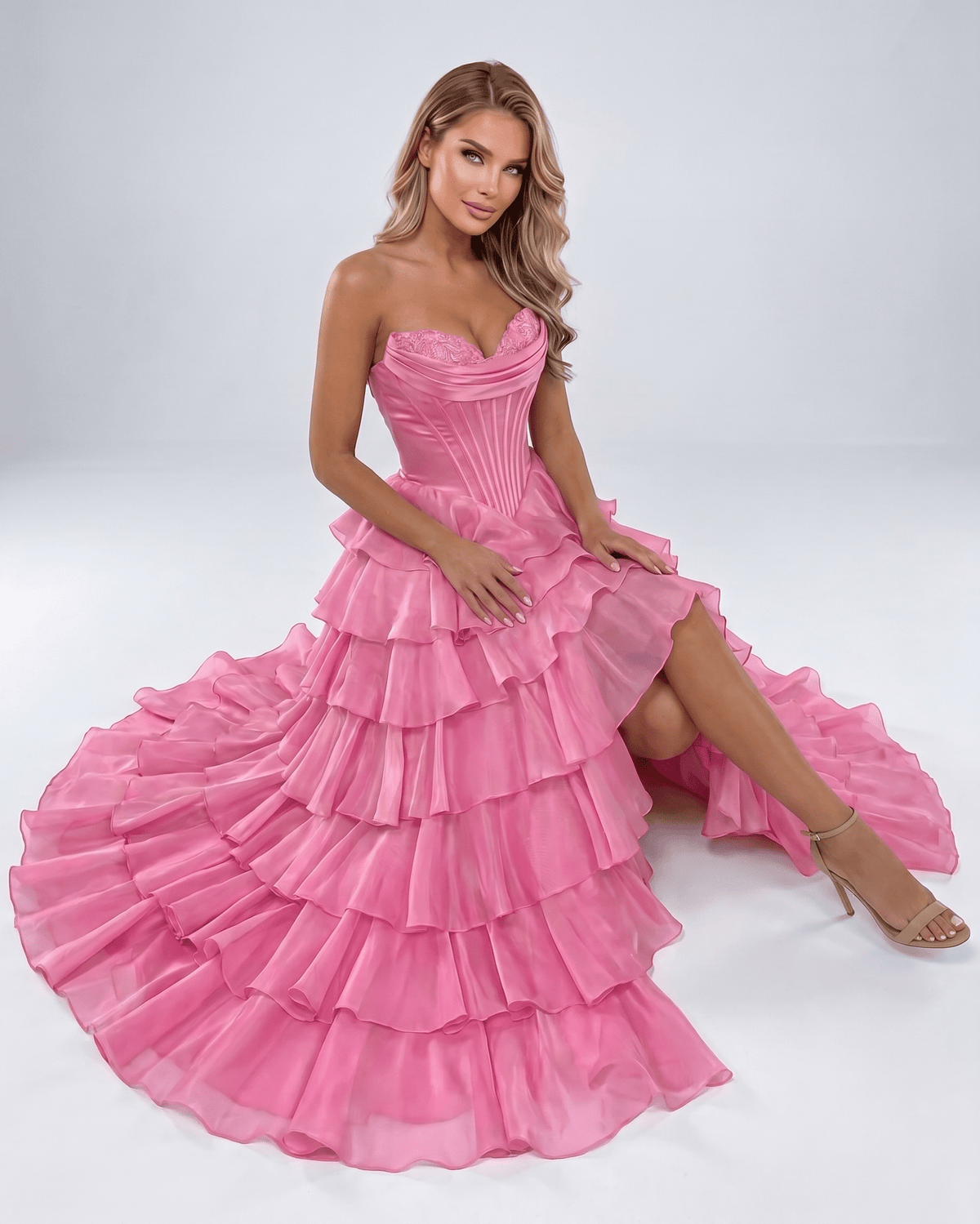 Seraphine Maxi Dress by Lauven — satin chiffon sleeveless sweetheart tiered A-line maxi dress