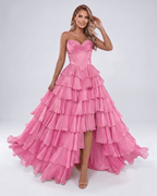 Seraphine Maxi Dress by Lauven — satin chiffon sleeveless sweetheart tiered A-line maxi dress