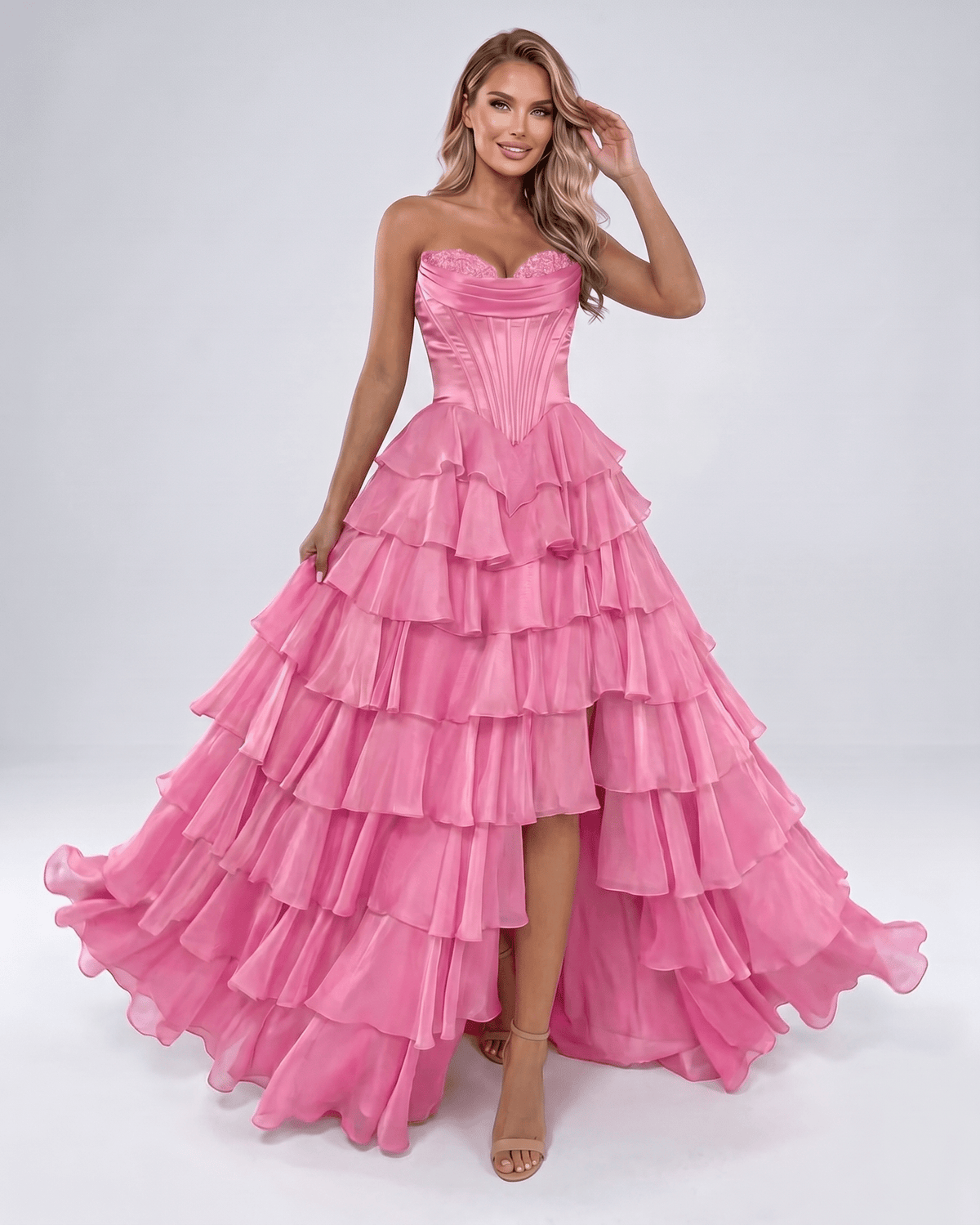 Seraphine Maxi Dress by Lauven — satin chiffon sleeveless sweetheart tiered A-line maxi dress