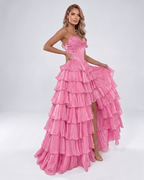 Seraphine Maxi Dress by Lauven — satin chiffon sleeveless sweetheart tiered A-line maxi dress