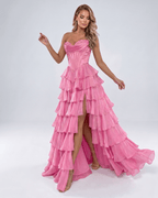 Seraphine Maxi Dress by Lauven — satin chiffon sleeveless sweetheart tiered A-line maxi dress