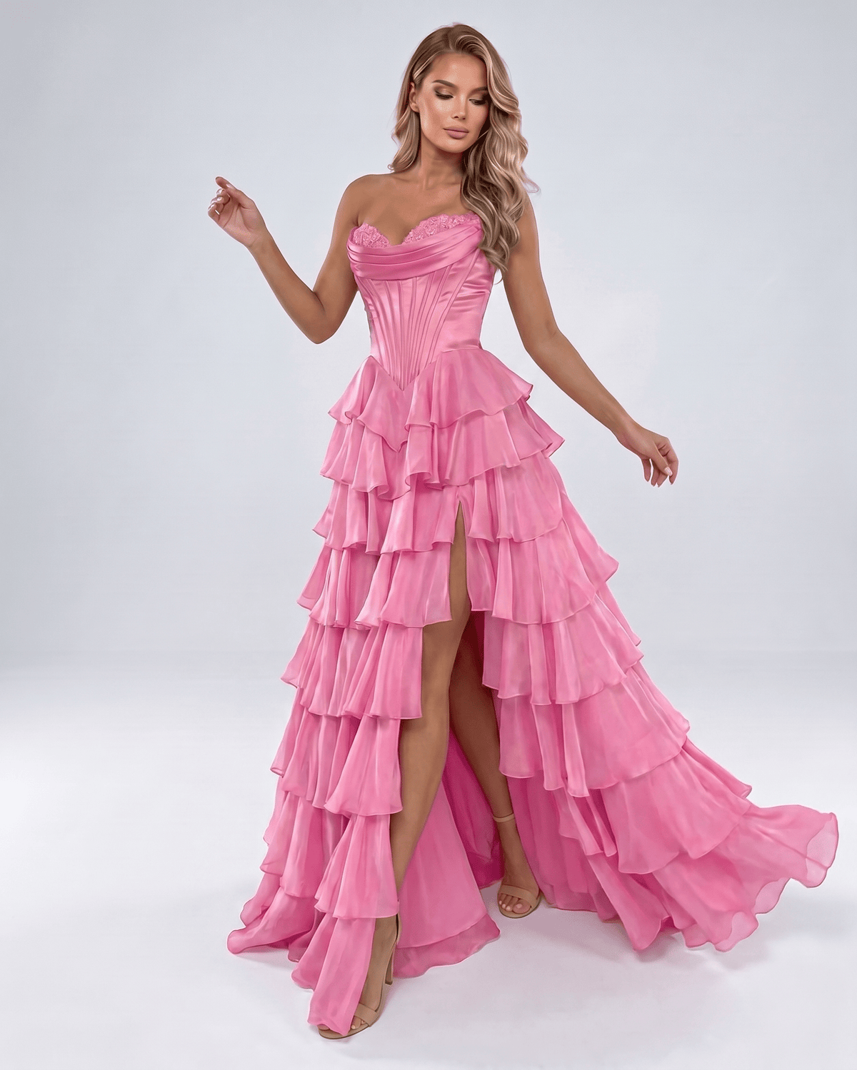 Seraphine Maxi Dress by Lauven — satin chiffon sleeveless sweetheart tiered A-line maxi dress