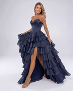 Seraphine Maxi Dress by Lauven — satin chiffon sleeveless sweetheart tiered A-line maxi dress