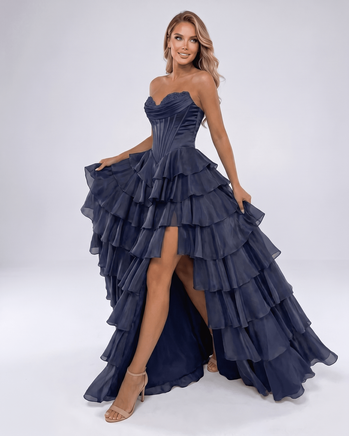 Seraphine Maxi Dress by Lauven — satin chiffon sleeveless sweetheart tiered A-line maxi dress