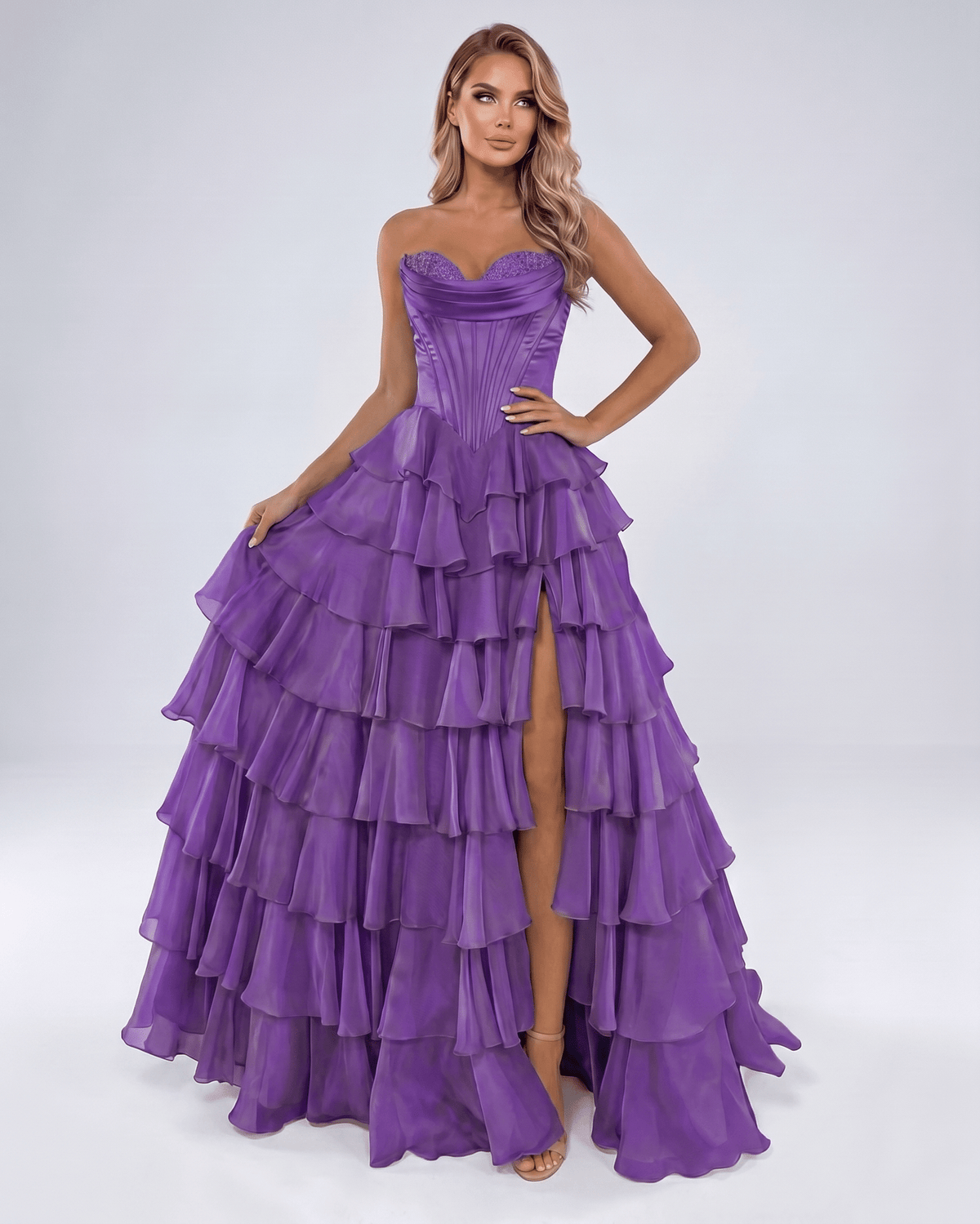 Seraphine Maxi Dress by Lauven — satin chiffon sleeveless sweetheart tiered A-line maxi dress