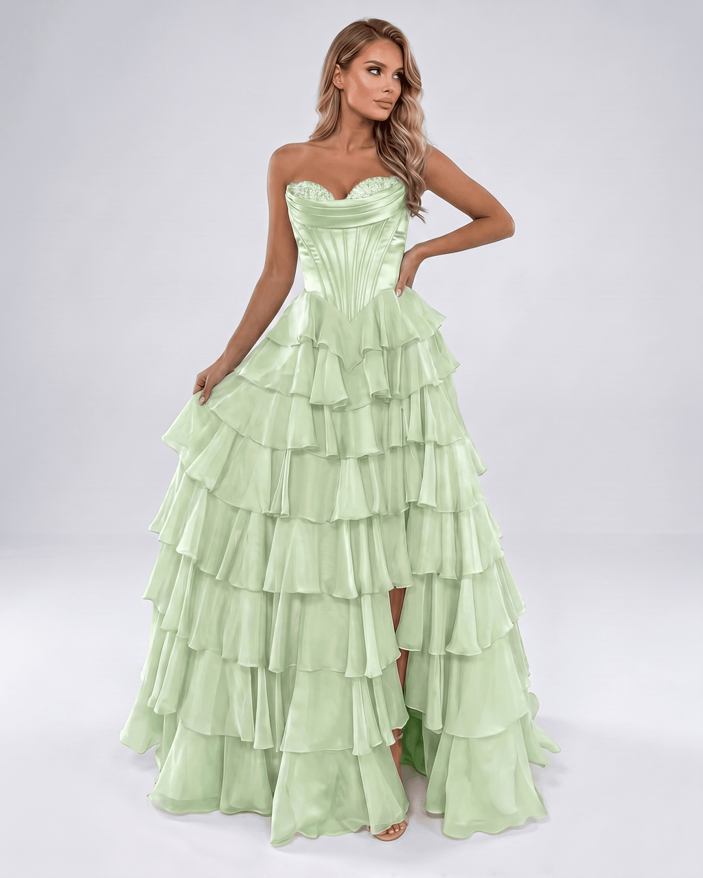 Seraphine Maxi Dress by Lauven — satin chiffon sleeveless sweetheart tiered A-line maxi dress