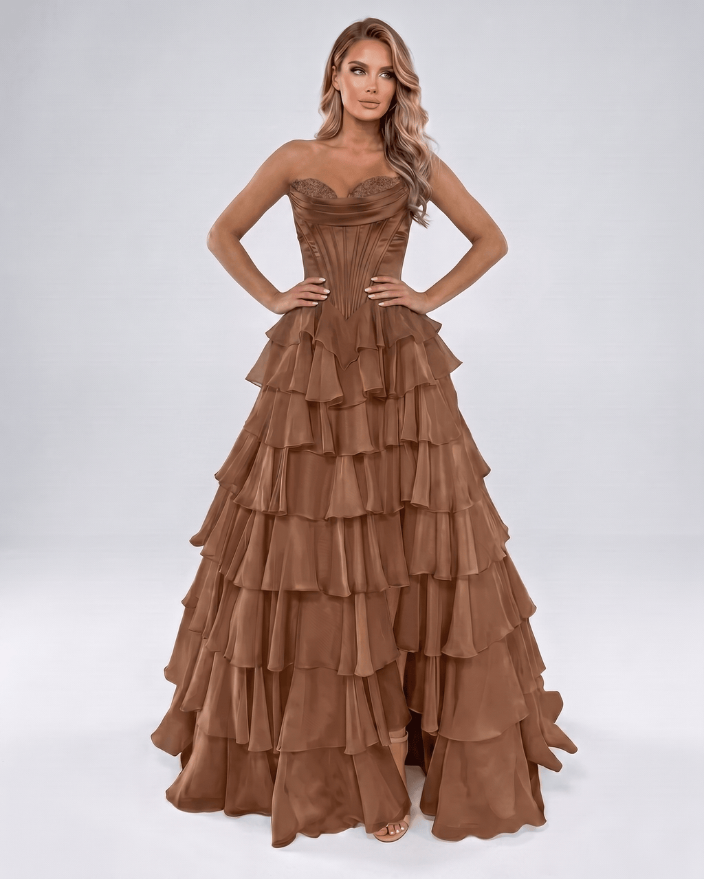 Seraphine Maxi Dress by Lauven — satin chiffon sleeveless sweetheart tiered A-line maxi dress