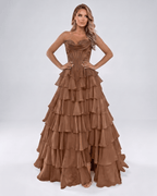 Seraphine Maxi Dress by Lauven — satin chiffon sleeveless sweetheart tiered A-line maxi dress
