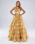 Seraphine Maxi Dress by Lauven — satin chiffon sleeveless sweetheart tiered A-line maxi dress
