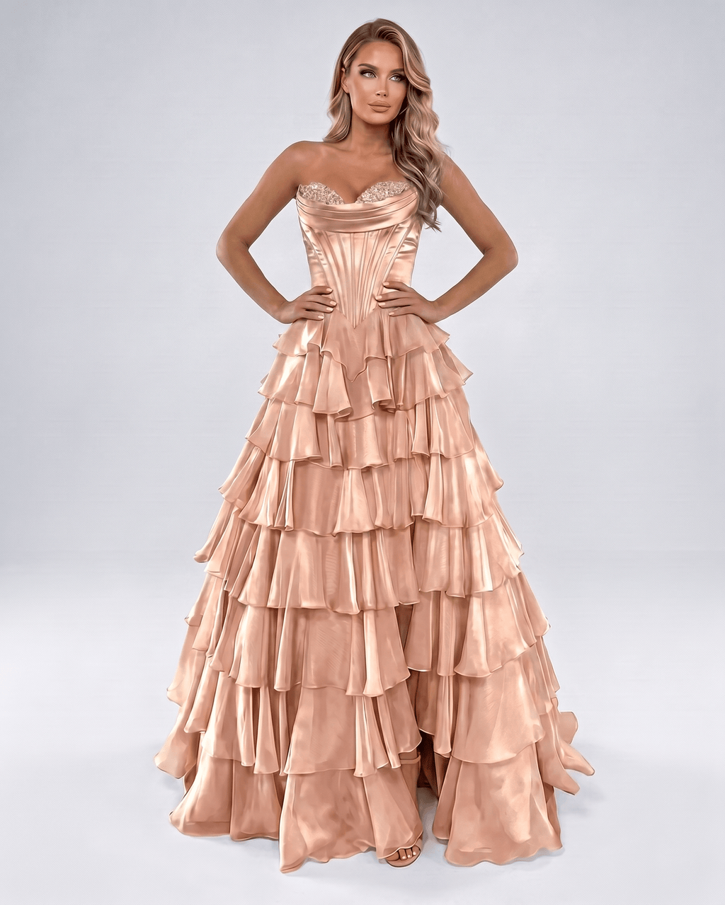 Seraphine Maxi Dress by Lauven — satin chiffon sleeveless sweetheart tiered A-line maxi dress