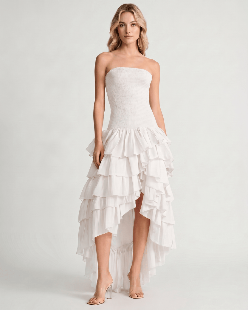 Celestia Maxi Dress by Lauven — white chiffon strapless sleeveless tiered high-low maxi dress