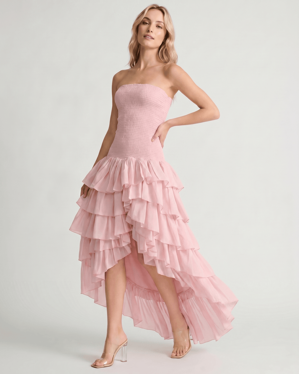 Celestia Maxi Dress by Lauven — chiffon strapless sleeveless tiered high-low maxi dress