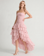 Celestia Maxi Dress by Lauven — chiffon strapless sleeveless tiered high-low maxi dress