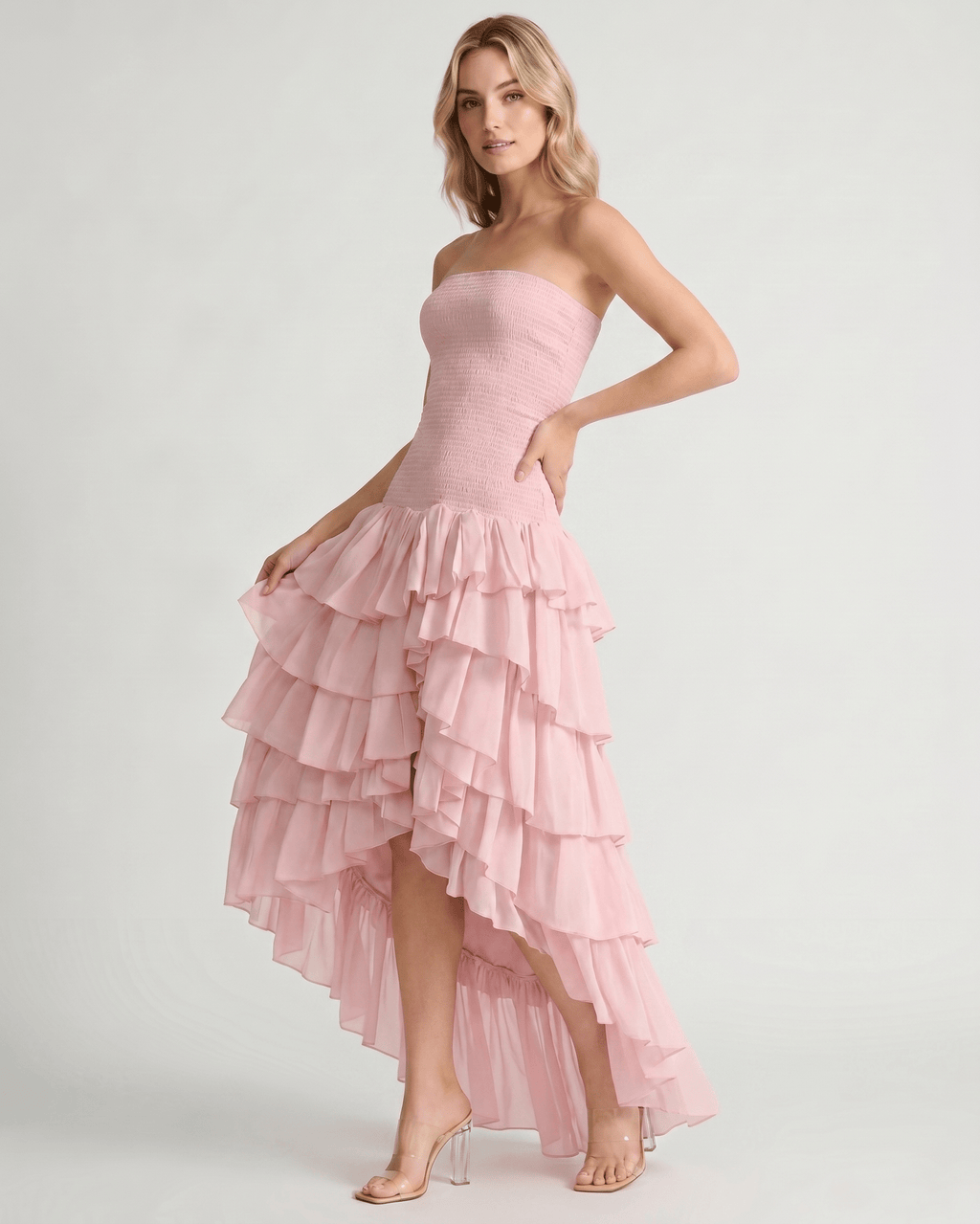 Celestia Maxi Dress by Lauven — chiffon strapless sleeveless tiered high-low maxi dress