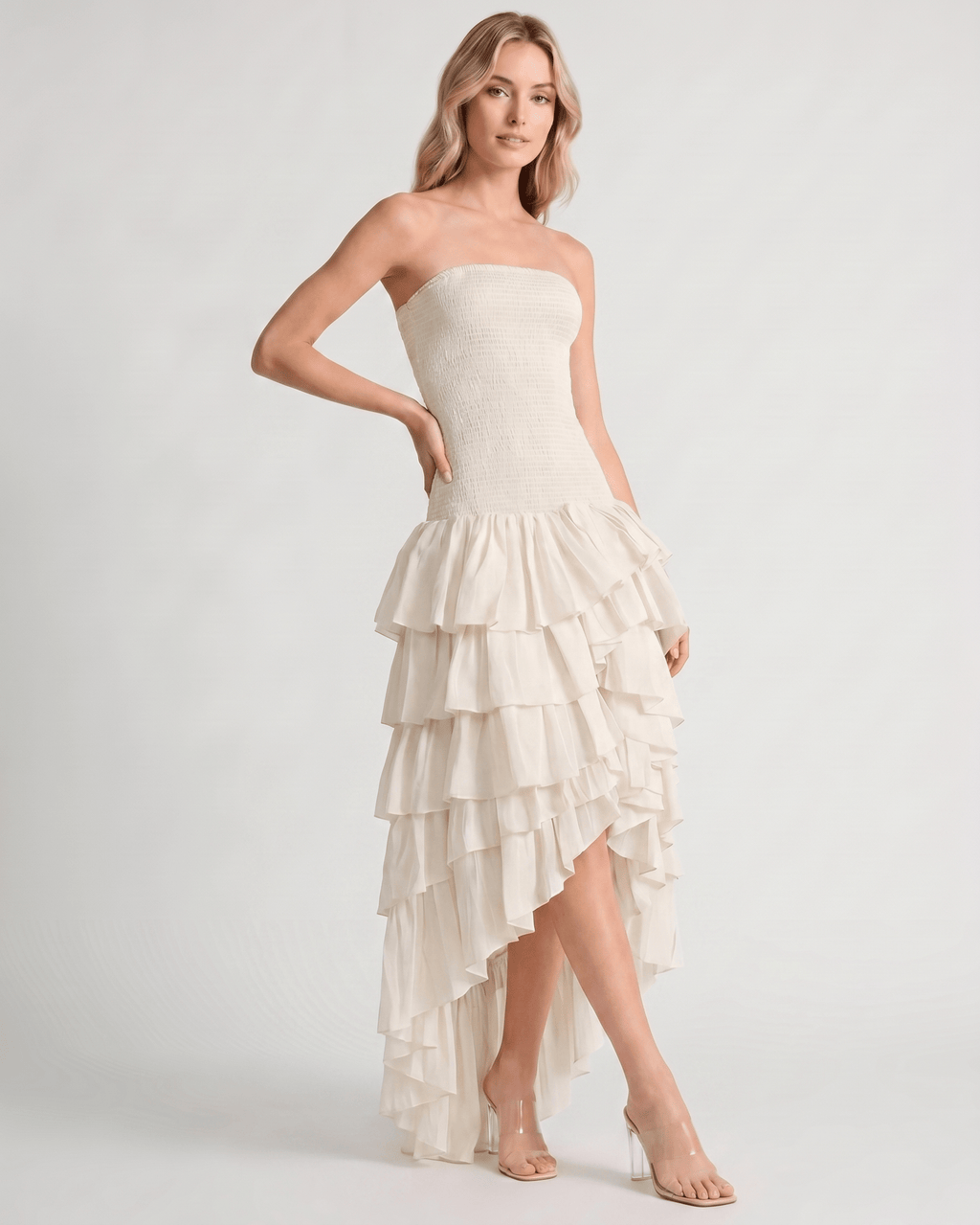 Celestia Maxi Dress by Lauven — chiffon strapless sleeveless tiered high-low maxi dress