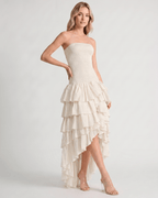 Celestia Maxi Dress by Lauven — chiffon strapless sleeveless tiered high-low maxi dress