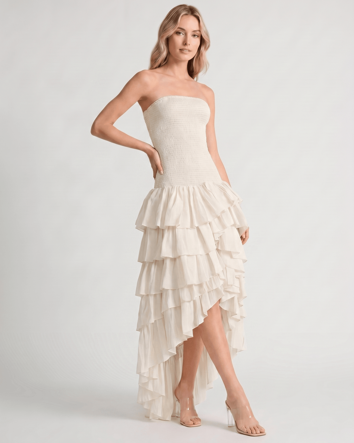Celestia Maxi Dress by Lauven — chiffon strapless sleeveless tiered high-low maxi dress