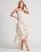 Celestia Maxi Dress by Lauven — chiffon strapless sleeveless tiered high-low maxi dress