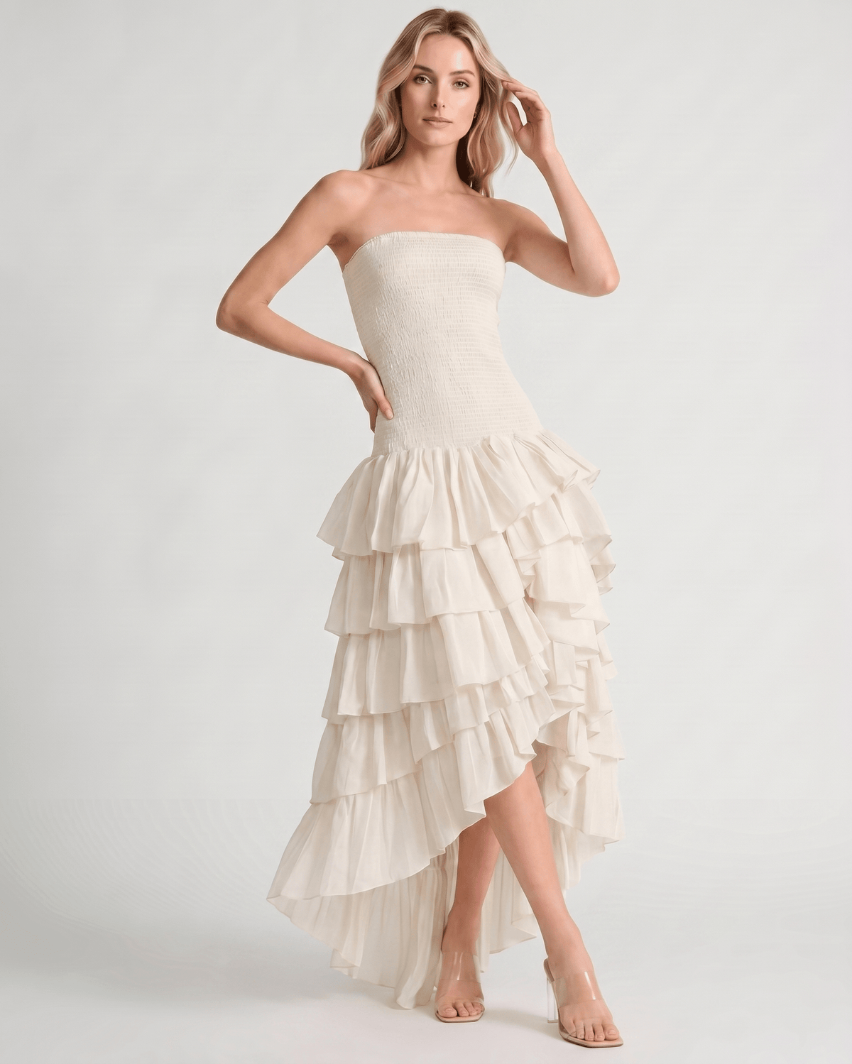 Celestia Maxi Dress by Lauven — chiffon strapless sleeveless tiered high-low maxi dress